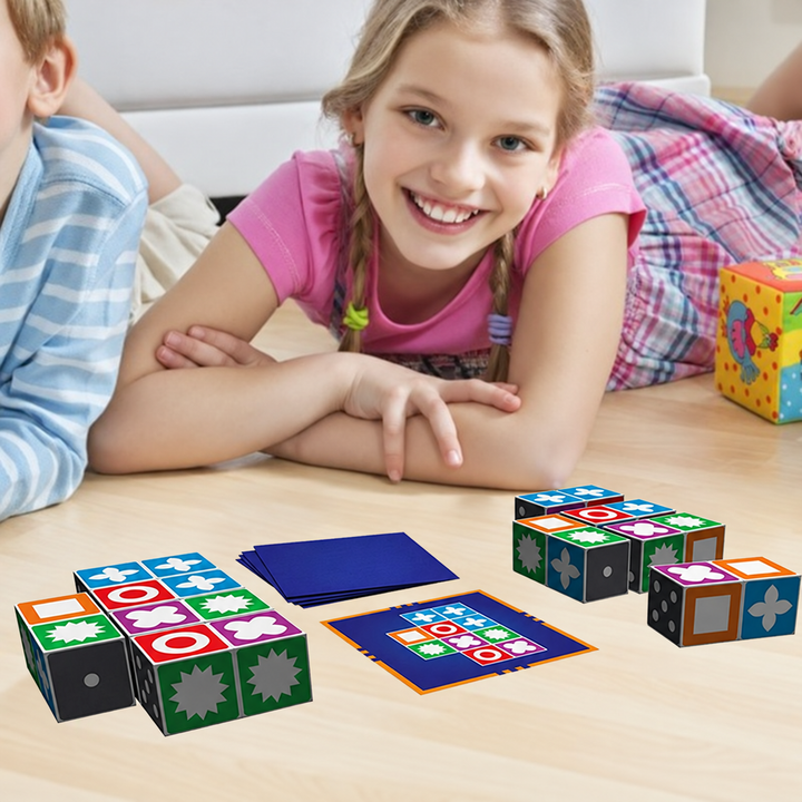 Children at a table with colorful puzzle pieces and pattern cards