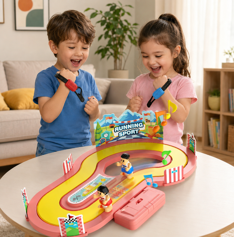 Two children wearing wrist sensors play with a pink two-lane racing track.