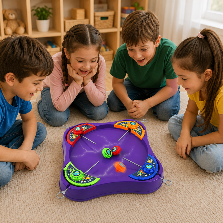 Four children gathered around a purple spinning top game board on the floor.