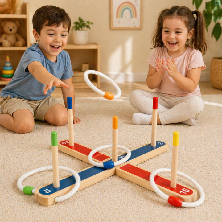 Two children playing ring toss on a rug with a wooden five-peg target.