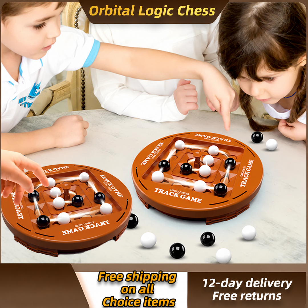 Children playing with rotating game boards and black and white marbles at a table