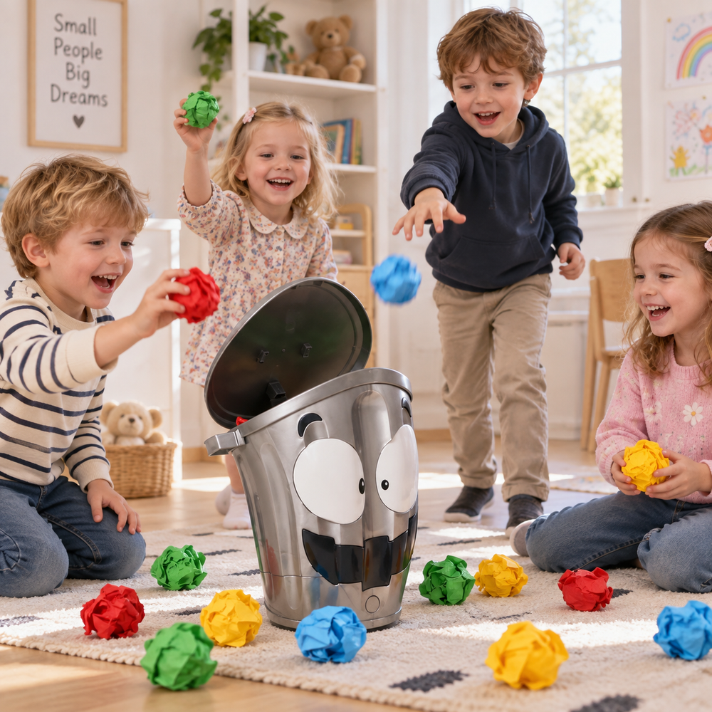 Children tossing colorful paper balls toward the smiling trash can game in a playroom.