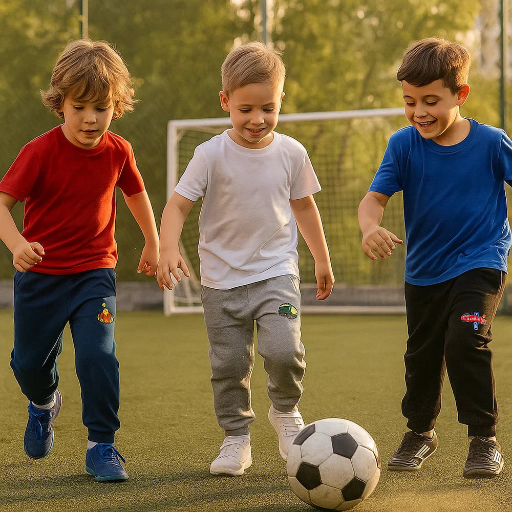 Three children wearing blue, gray and black sweatpants while playing soccer outdoors