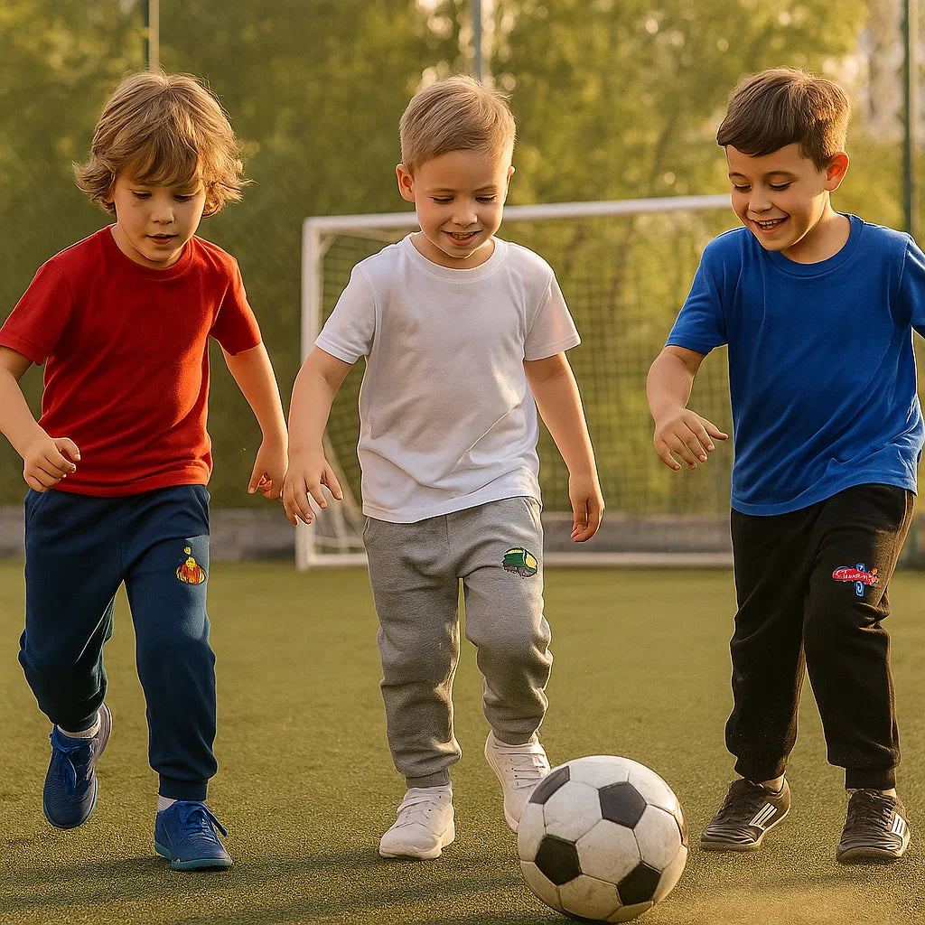 Three children wearing blue, gray and black sweatpants while playing soccer outdoors