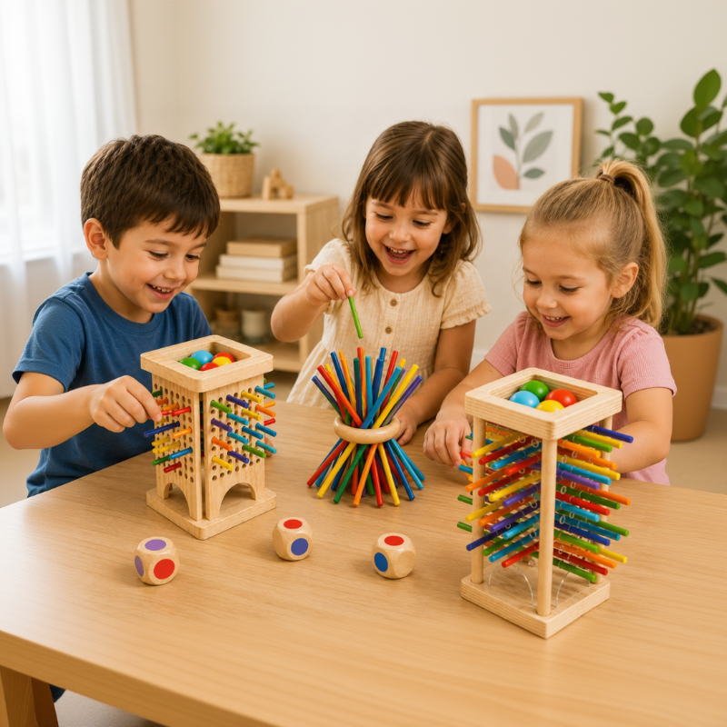 Three children playing wooden tower and balancing-stick games together at a table.