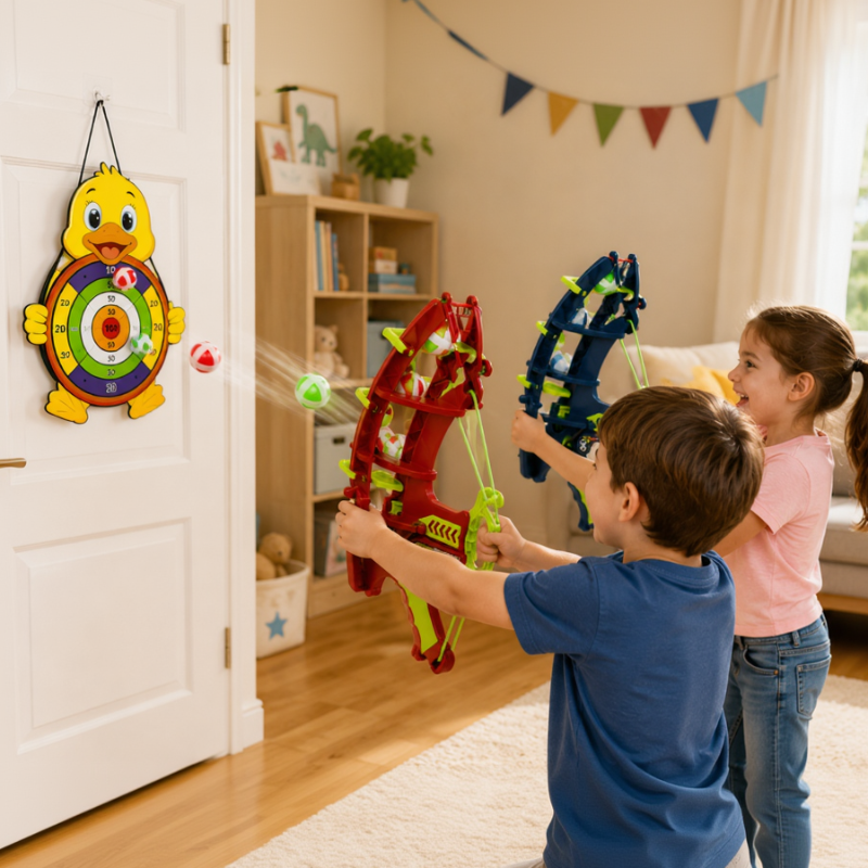 Two children aiming red and blue sticky ball launchers at a hanging duck target indoors