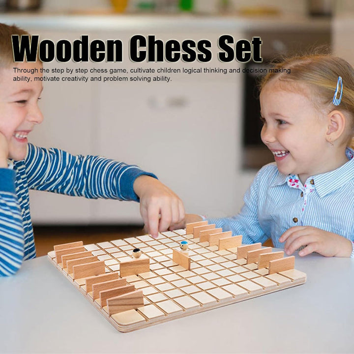 Two children playing a wooden grid strategy game at a table