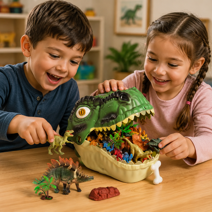 Two children playing with a T-Rex head playset and dinosaur figures at a table.