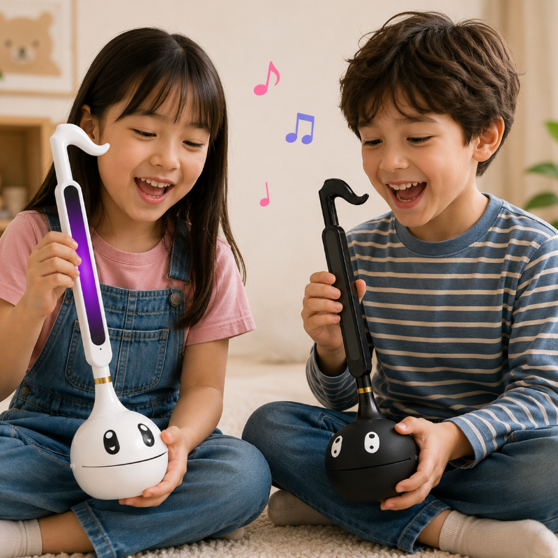 Two children playing with white and black musical-note toys.