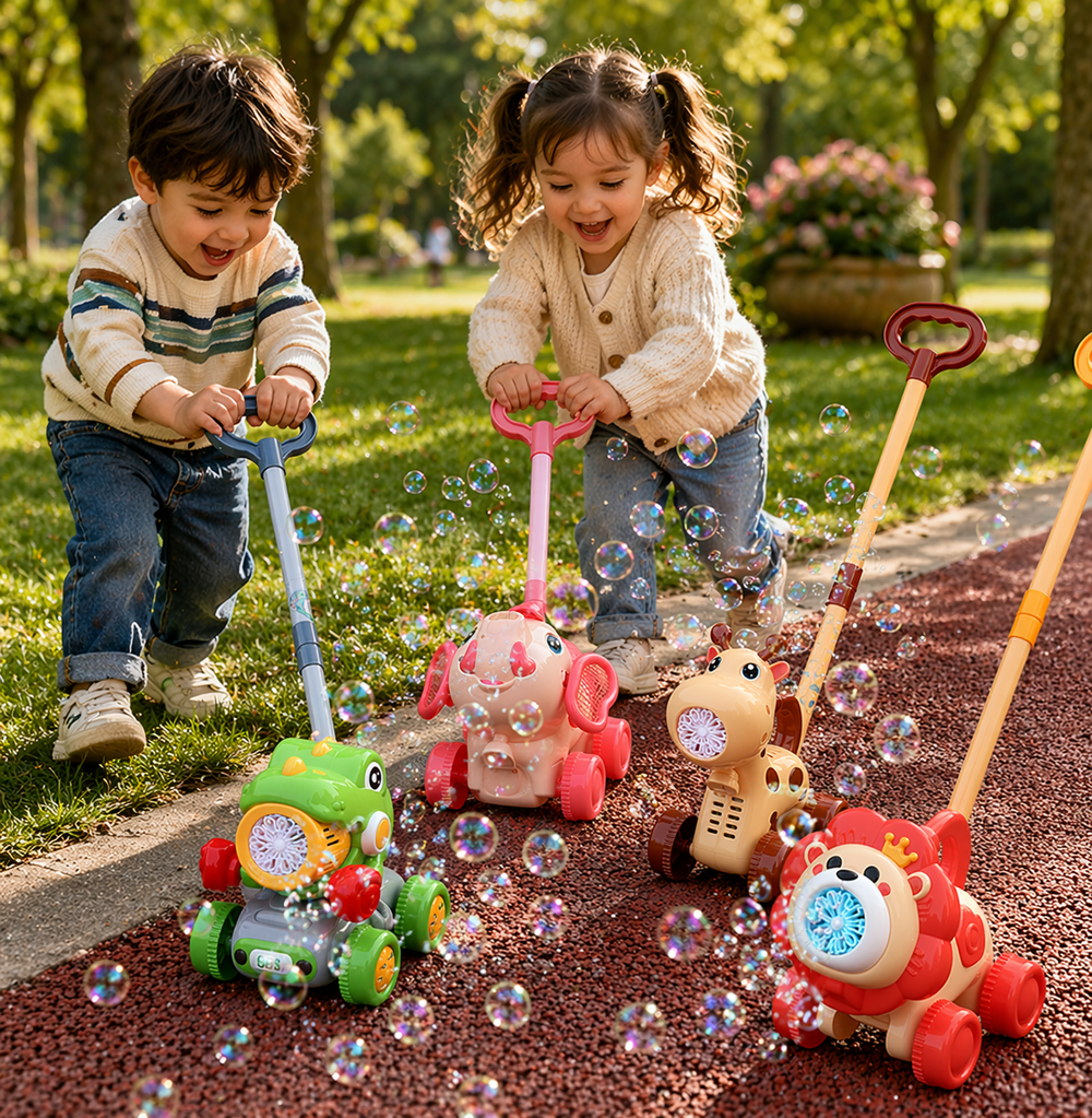 Two children playing with green and pink bubble push carts on a garden path.