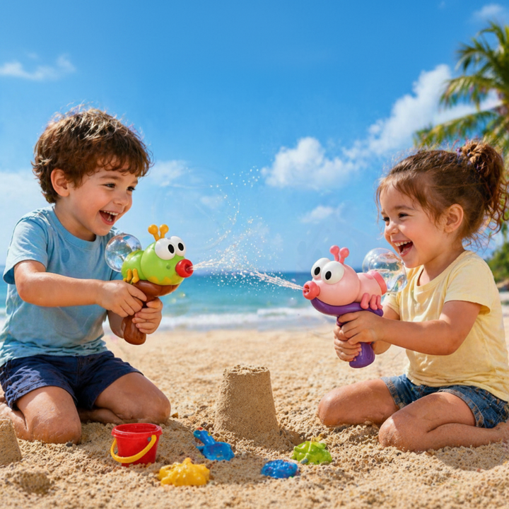 Two children playing with pink and green insect-shaped water guns at the beach.