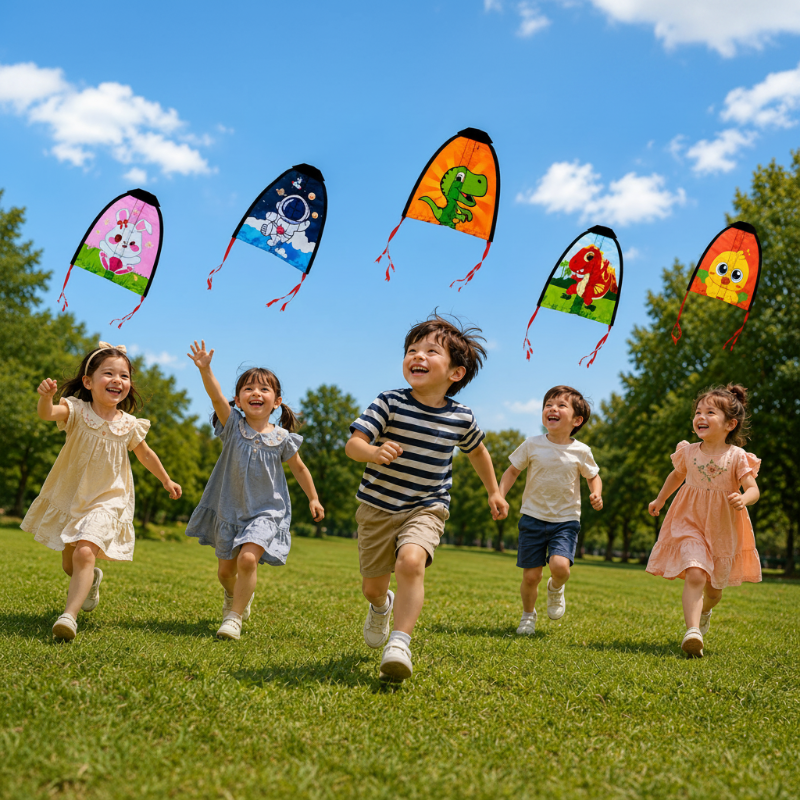 Children running across grass beneath colorful animal and astronaut kites