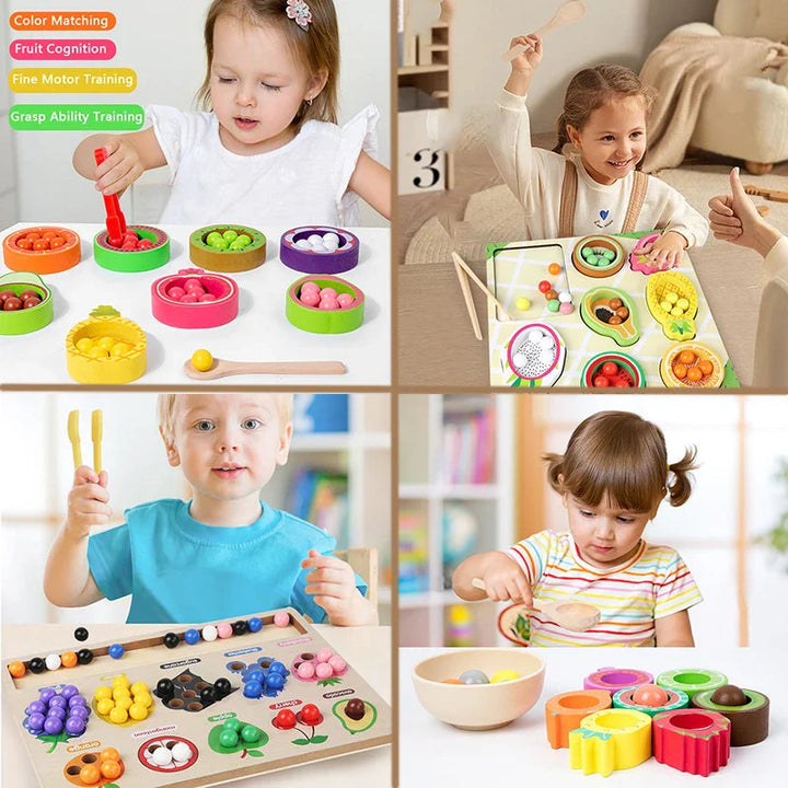 Children using fruit-themed sorting boards and tools to match colorful balls