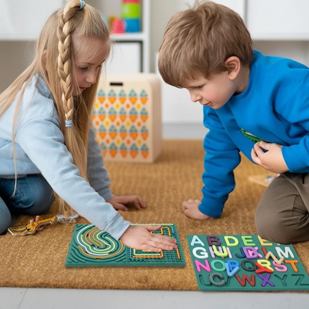 Two children exploring green activity boards with silicone strings and removable alphabet letters