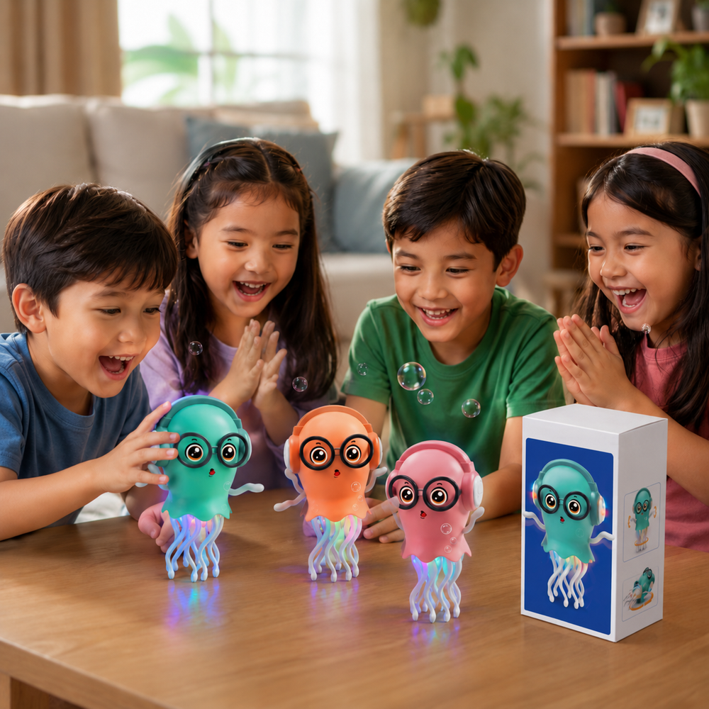 Children gathered around green, peach, and pink dancing jellyfish toys on a table