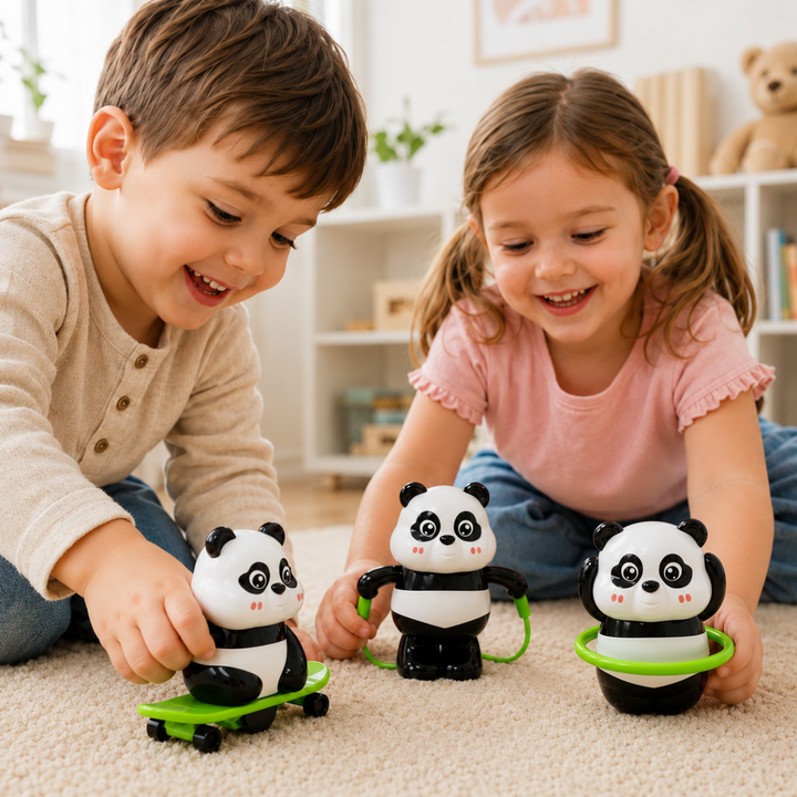 Two children playing on a rug with hoop, skateboard, and jump-rope panda toys.