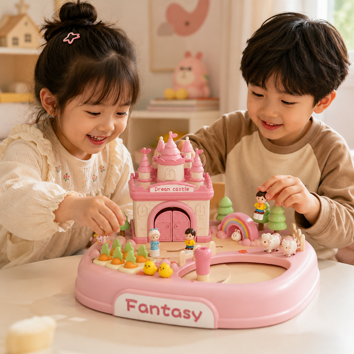 Two children playing with figures on a pink magnetic castle playset