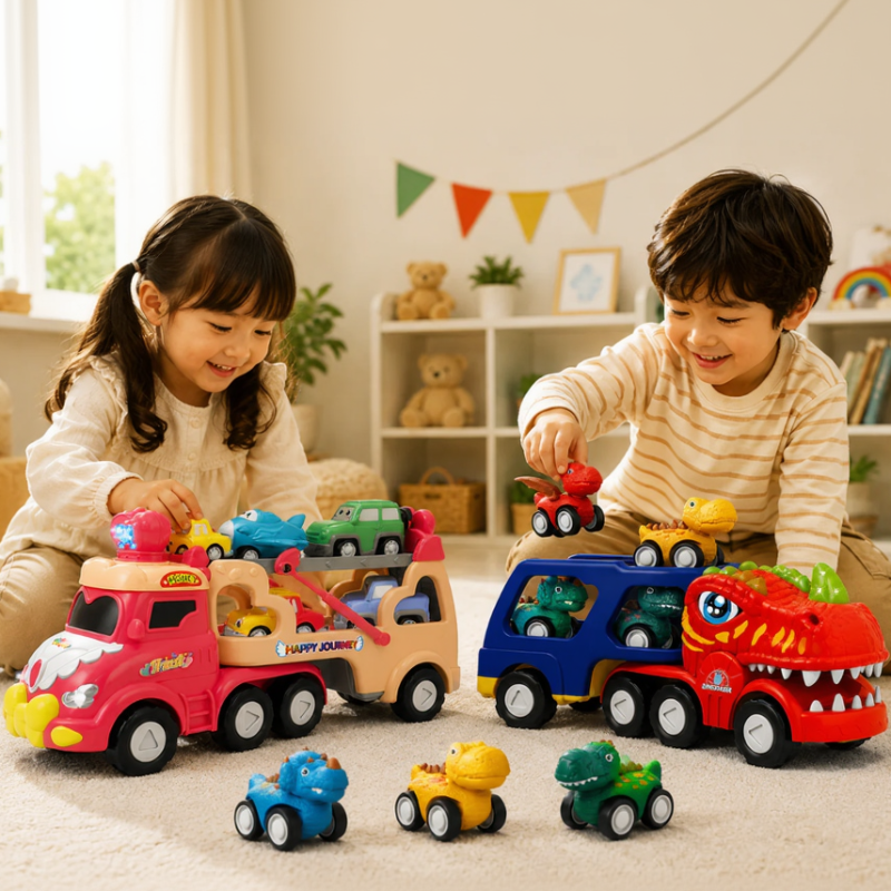 Two children playing with the pink car carrier, dinosaur transporter, and small vehicles.