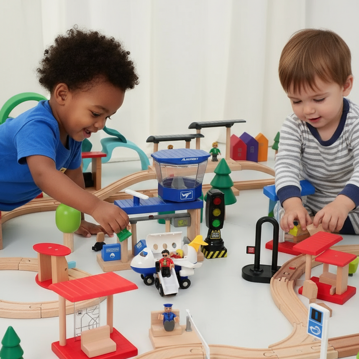 Two children playing with wooden tracks, an airport tower, and transportation play pieces