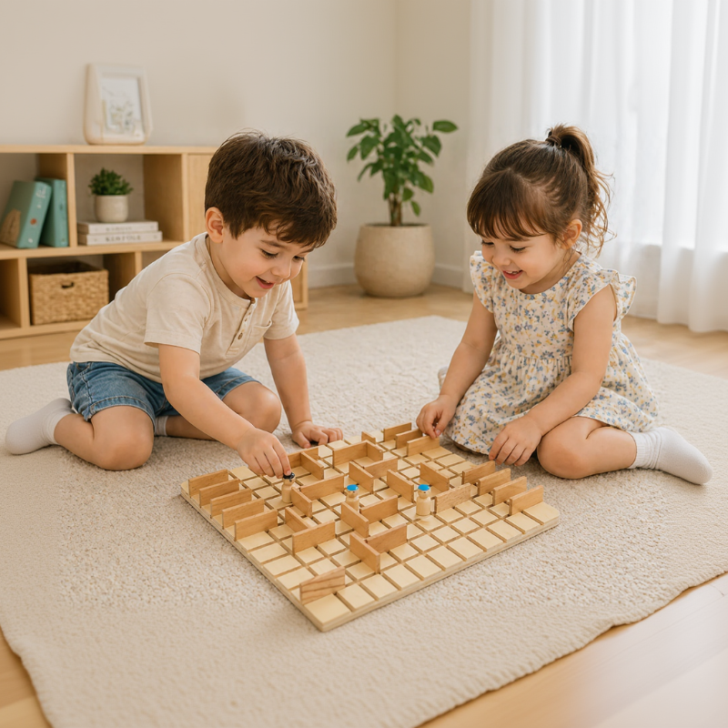 Two children playing a wooden strategy board game together on a rug