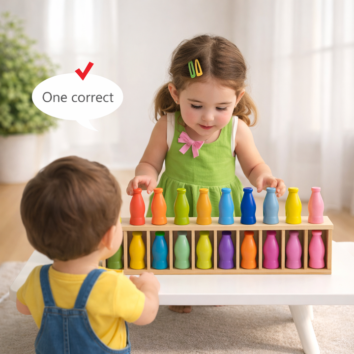 Two children playing a wooden color-matching game at a small white table.