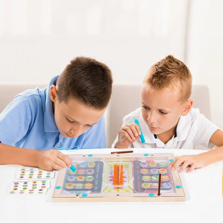 Two children use magnetic wands to match colors on a wooden game board.