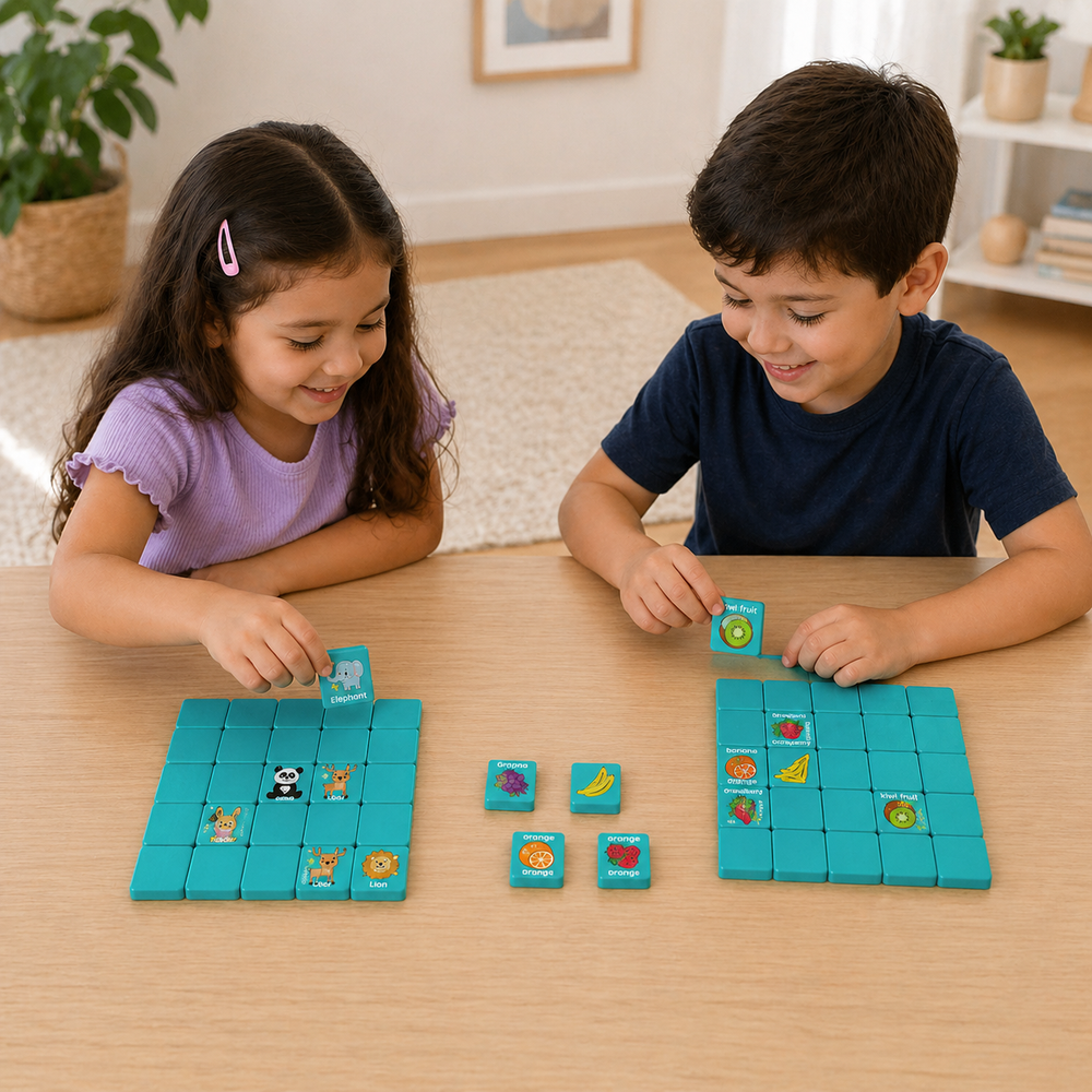 Two children playing a wooden memory matching game at a table