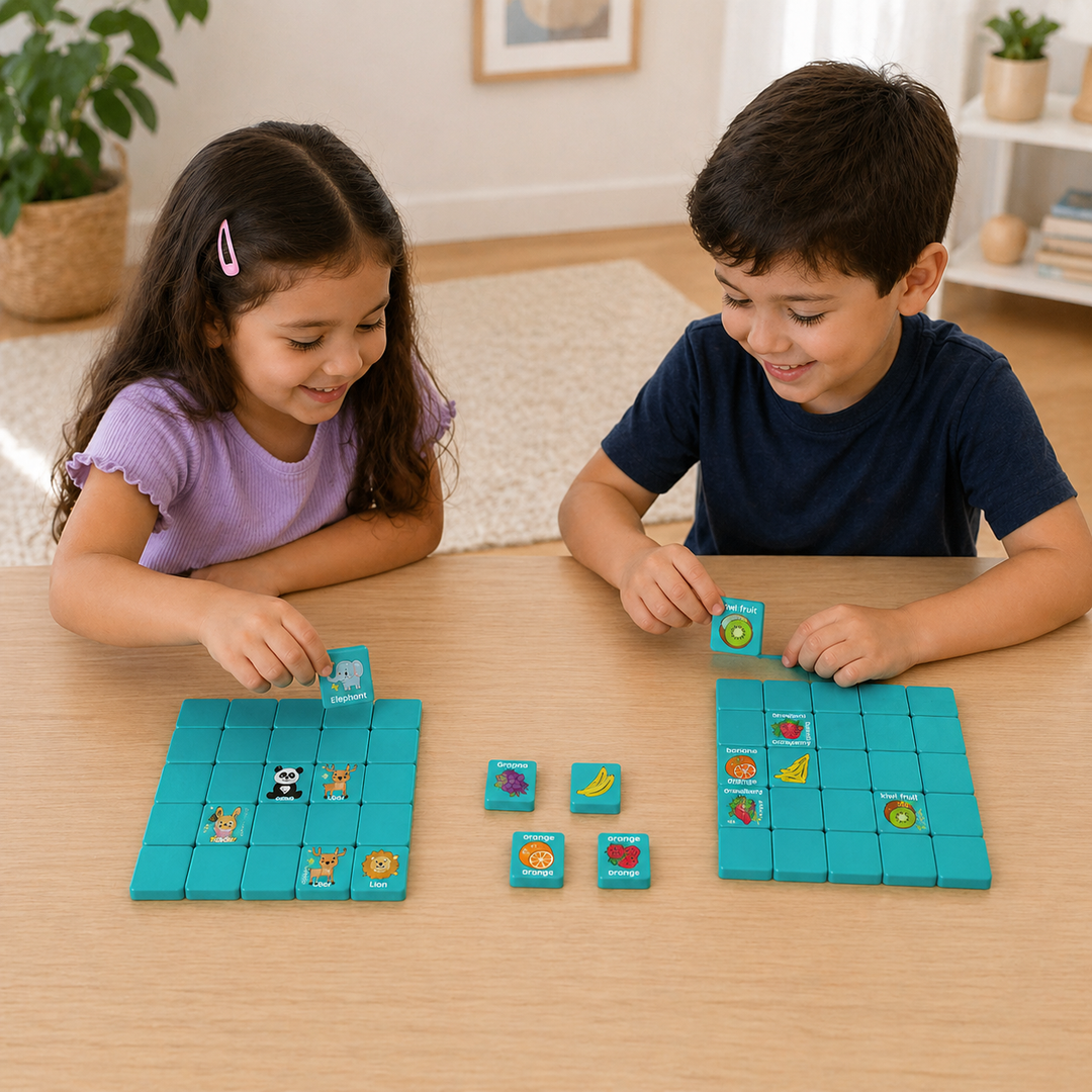 Two children playing a wooden memory matching game at a table