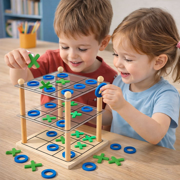 Two children playing a three-level tic-tac-toe game at a table