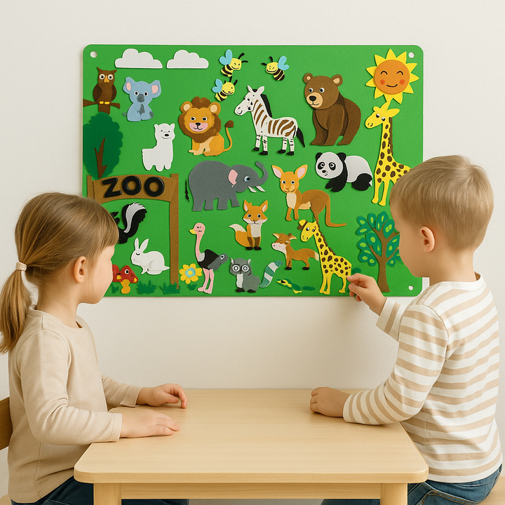 Two children playing with animal pieces on a zoo felt board