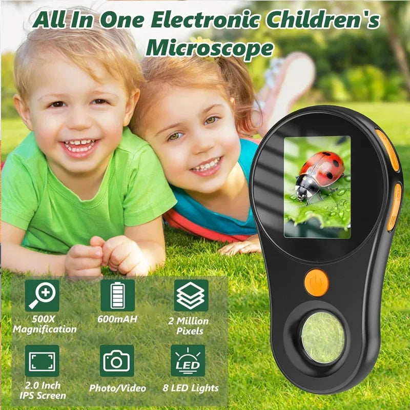 Children beside a pocket microscope displaying a ladybug, with screen, camera, battery and lighting feature icons.