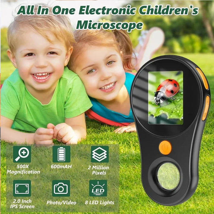 Children beside a pocket microscope displaying a ladybug, with screen, camera, battery and lighting feature icons.