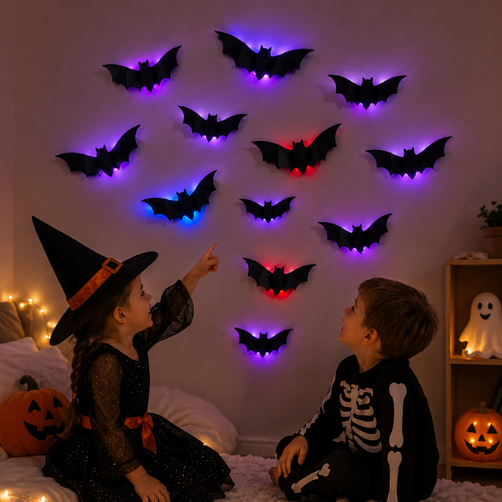 Child in a witch hat pointing at glowing bats beside a child in a skeleton costume