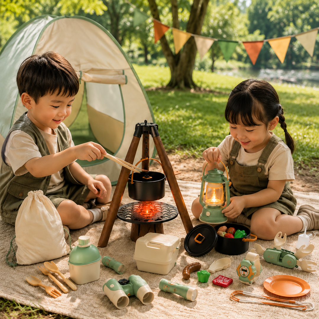 Two children playing with a toy camping pot and lantern beside a pop-up tent outdoors.
