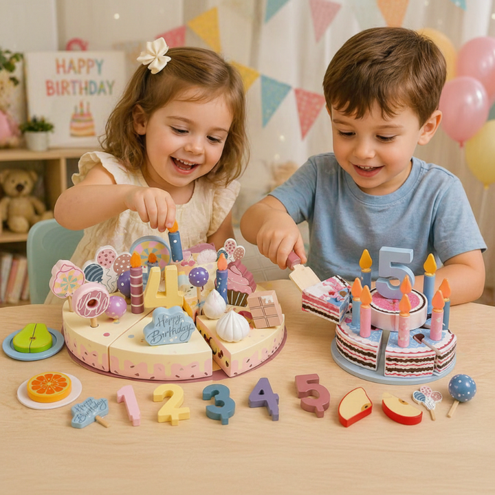 Two children decorating and serving wooden birthday cakes at a party table