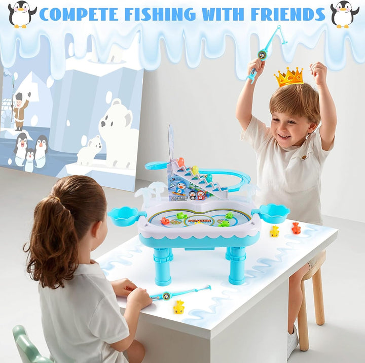 Two children sharing the penguin fishing game at a table