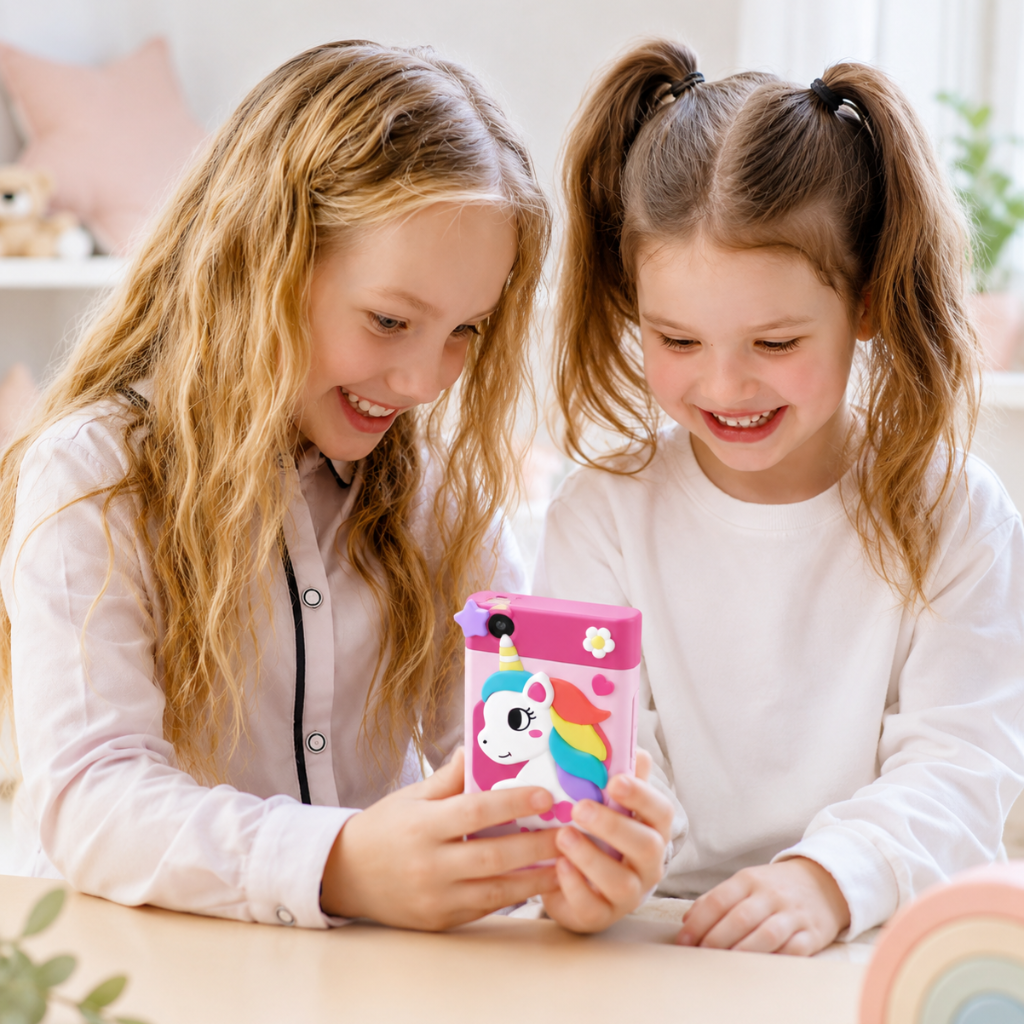 Two children looking at a pink unicorn kids&