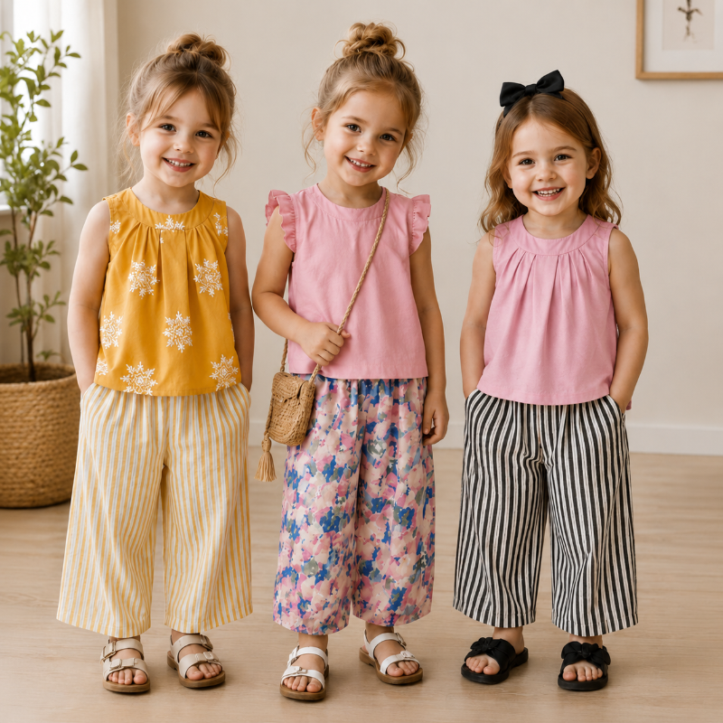 Three children wearing mustard and pink sleeveless tops with striped or floral pants
