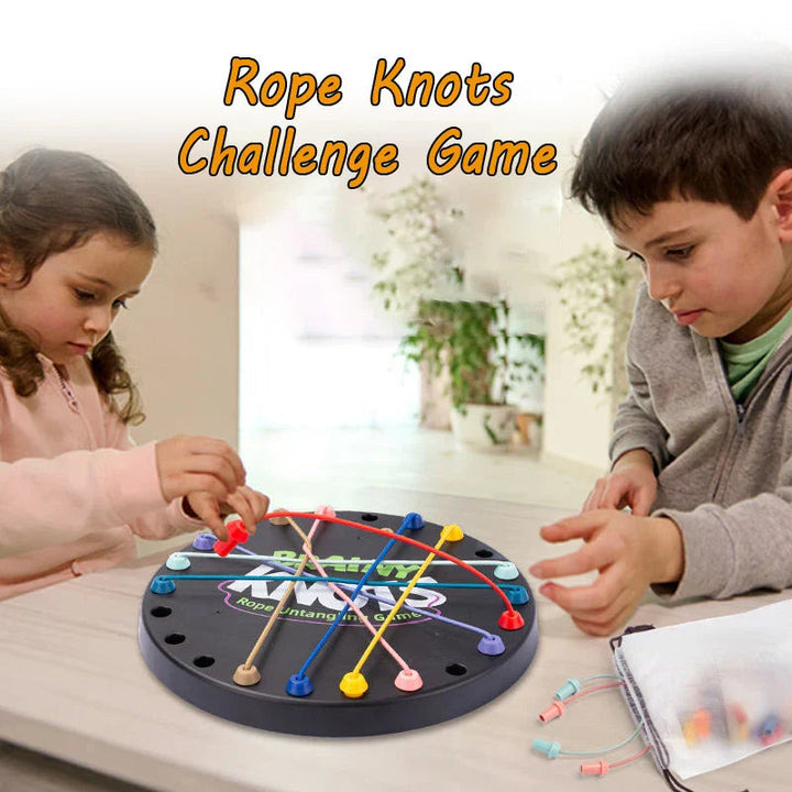 Two children working together on a round rope-untangling puzzle board