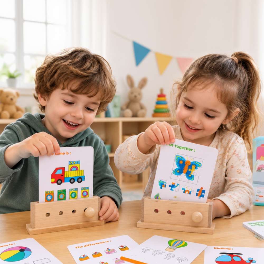 Two children using wooden card holders to solve truck and butterfly logic puzzles.