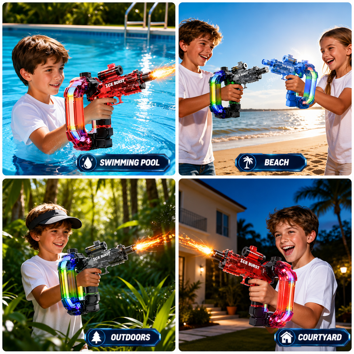 Children playing with space-style water guns at a pool, beach, garden, and courtyard.