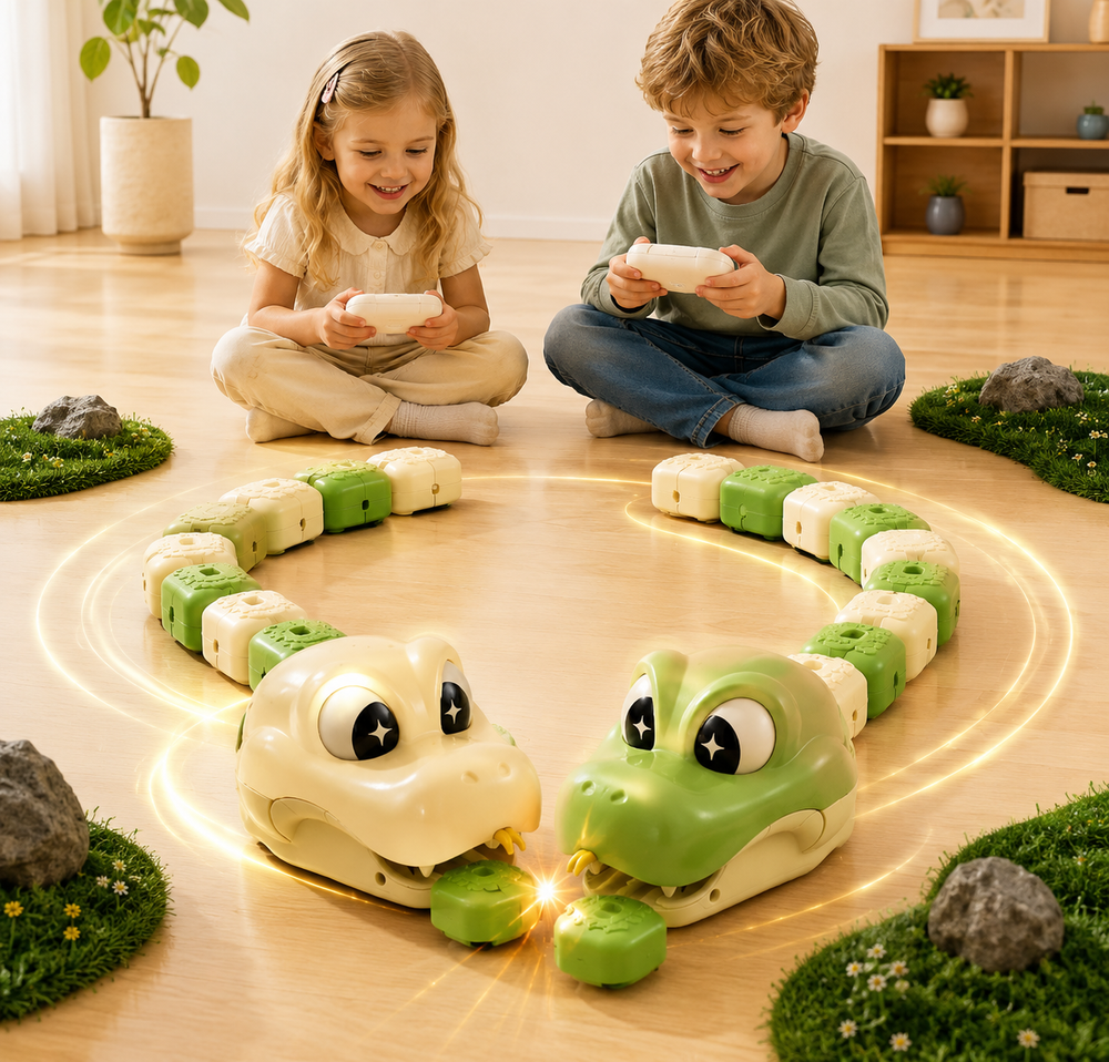 Two children use wireless remotes to guide green and beige snake toys across a wooden floor