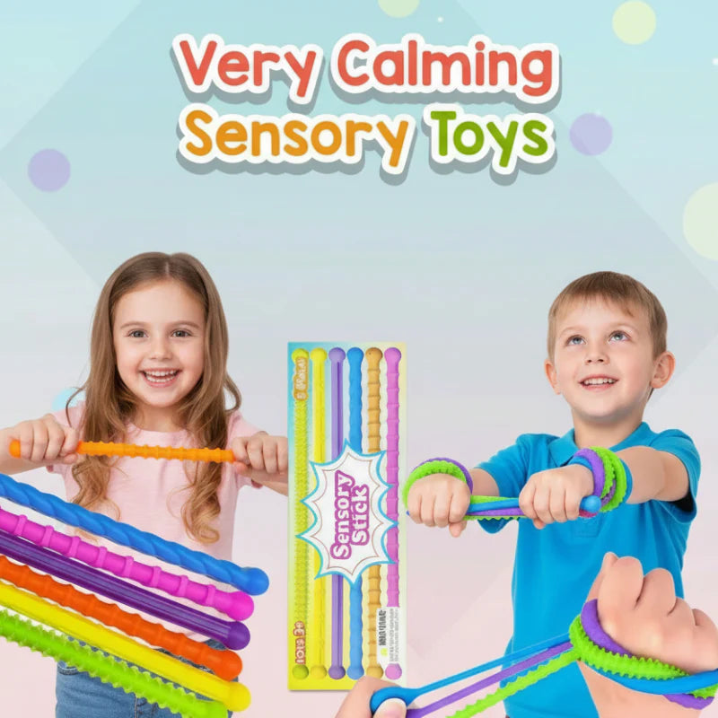 Two children stretching colorful fidget sticks beside a package of six