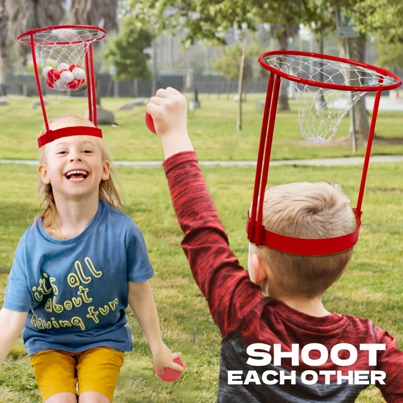 Two children playing outdoors with red headband basketball hoops and red and white balls