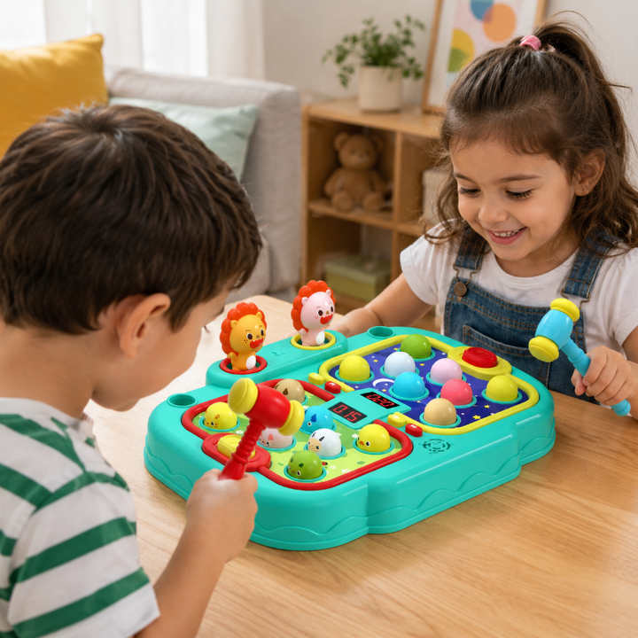 Two children playing a tabletop hammer game with red and blue hammers