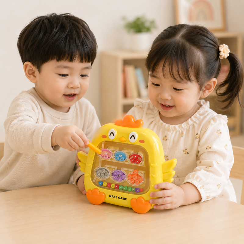 Two children using a magnetic pen with a yellow chick-shaped bead maze.