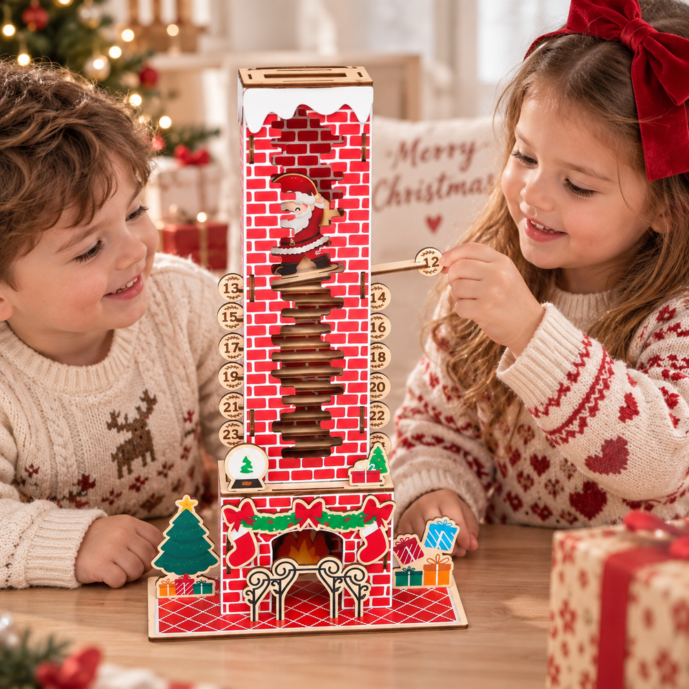 Two children using a wooden Christmas countdown calendar at a festive table