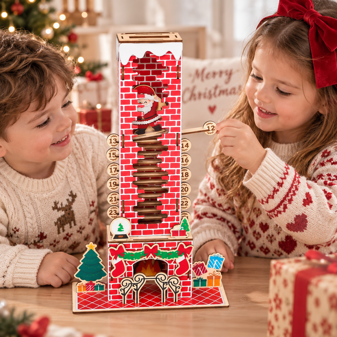 Two children using a wooden Christmas countdown calendar at a festive table