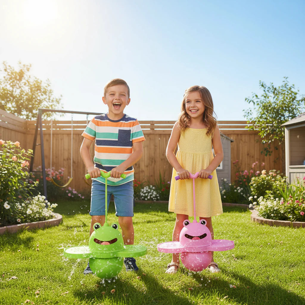 Two children holding green and pink frog pogo sticks on a backyard lawn.