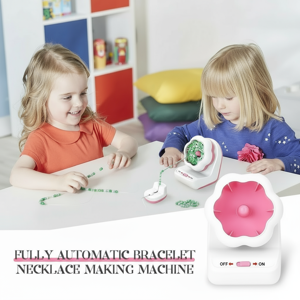 Two children making beaded jewelry beside a pink-and-white electric beading machine.